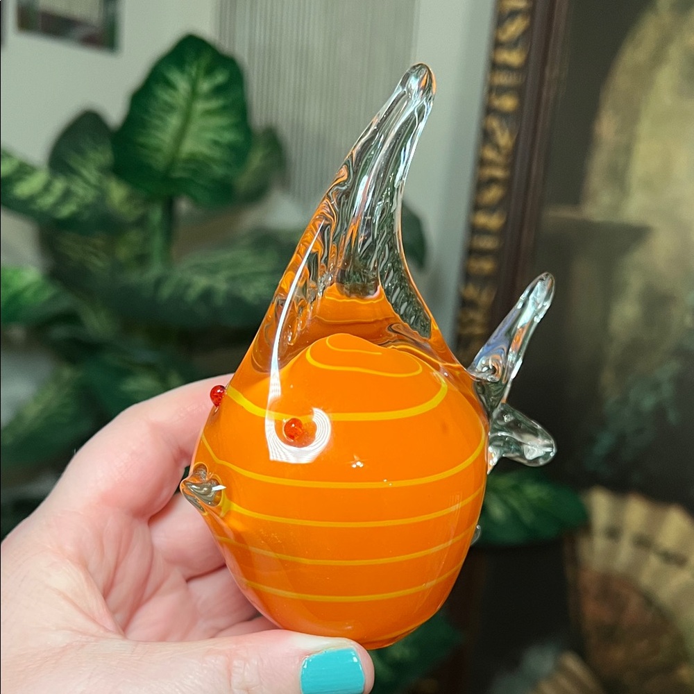 Murano Style Hand Blown Art Glass Orange Striped Fish Figurine Paperweight